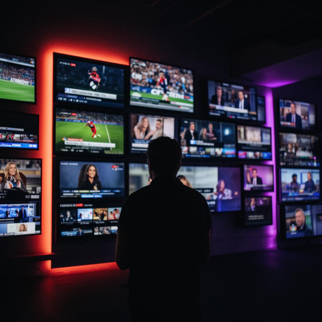 Wall of televisions streaming sports, movies and news in a moody neon-lit room